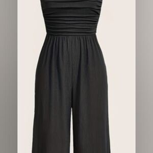 Chic Black Strapless Rouched Tube Strapless Wide Leg Jumpsuit